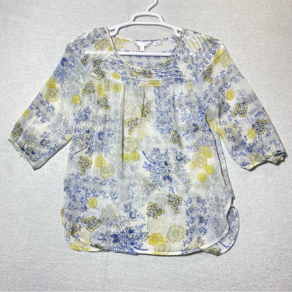 Lauren Conrad Sheer Floral Blouse Womens M Multicolor 3/4 Sleeve Casual Pullover